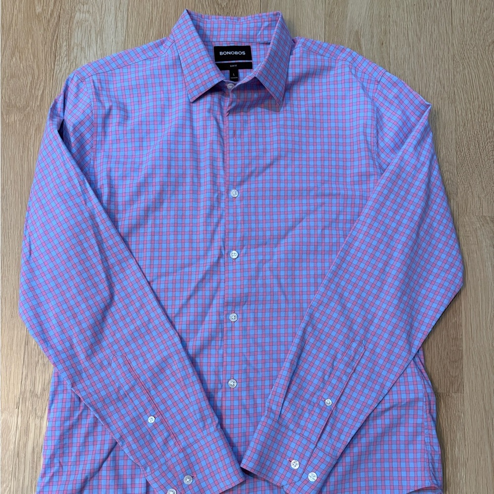 Bonobos Casual Blue and Pink Plaid Shirt